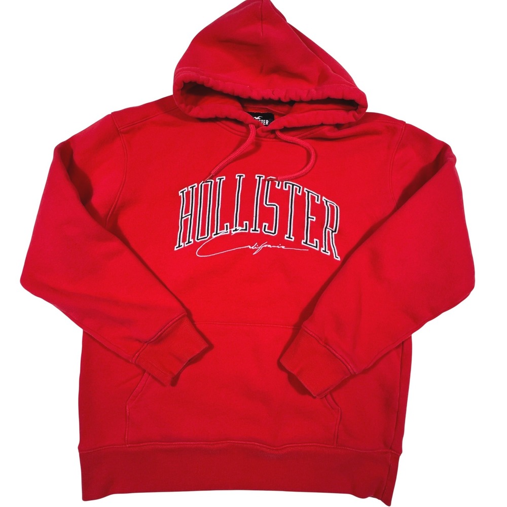 Hollister California Mens Hoodie Red Fleece Pullover Logo Sweatshirt Size M‎